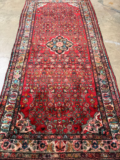 4’10”x10’3” Vintage Hand-Knotted Wool Hamadan Persian Rug 4x10 Red Handmade Tribal Carpet