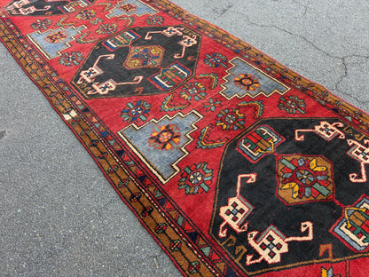3’11”x13’2” Vintage Hand-Knotted Wool Hamadan Runner
