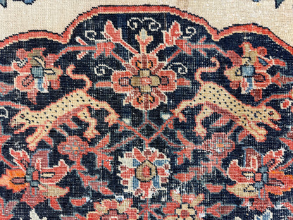 4’3”x6’5” Antique Hand-knotted Wool Kashan Persian Rug 4x6 Animal Handmade Carpet