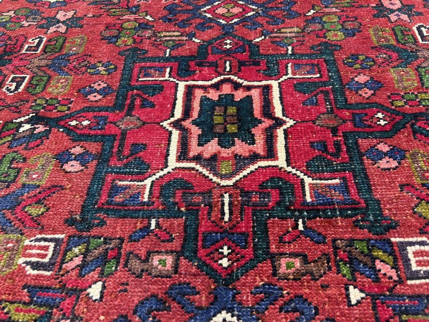 4’3”x14’1” Antique Hand-knotted Wool Herize Runner Rug - Handmade Red 4x14