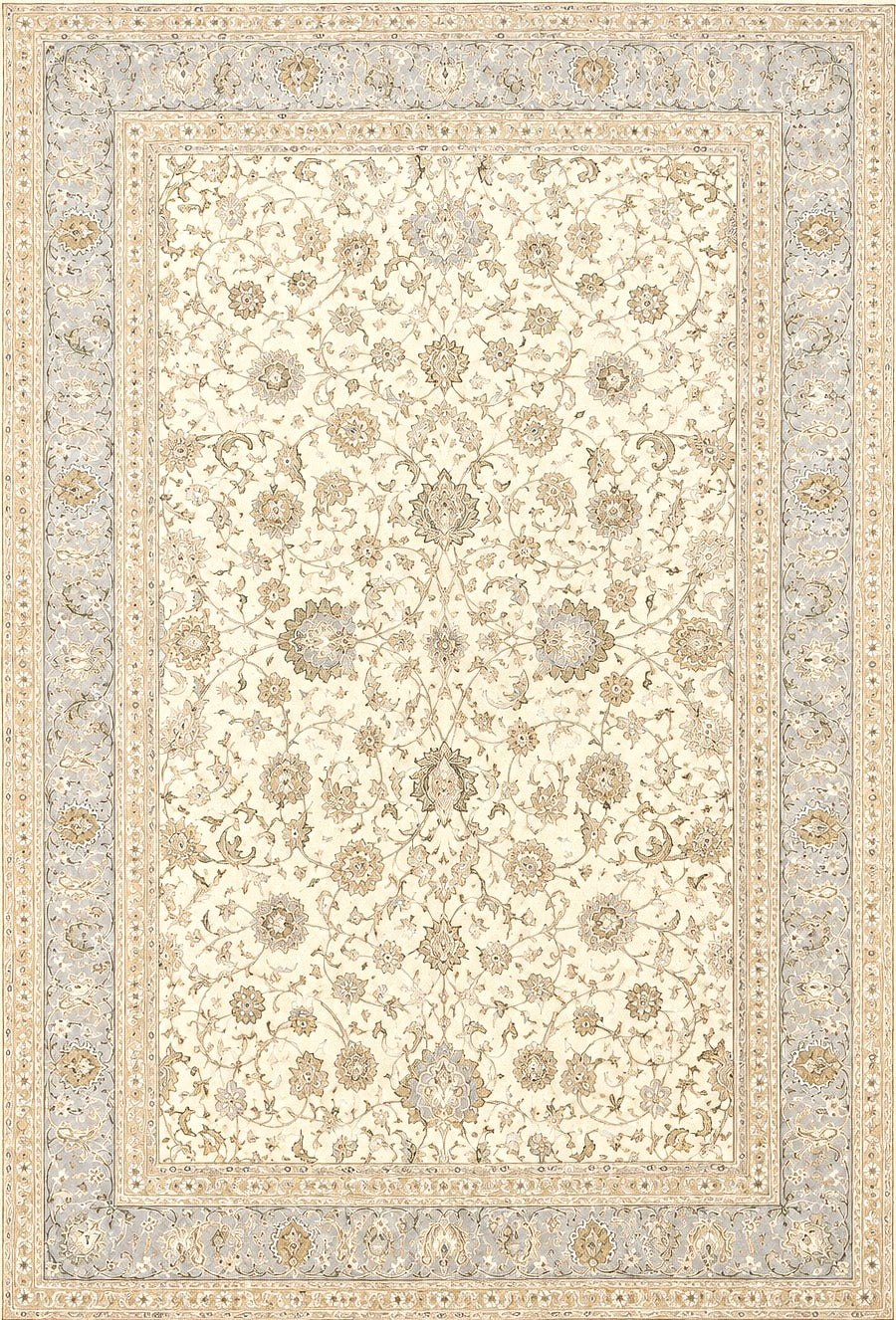 An ornate rectangular area rug with a traditional floral and medallion pattern, featuring a cream center field and a detailed beige and gray border.