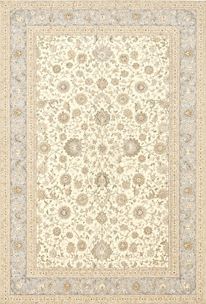 An ornate rectangular area rug with a traditional floral and medallion pattern, featuring a cream center field and a detailed beige and gray border.