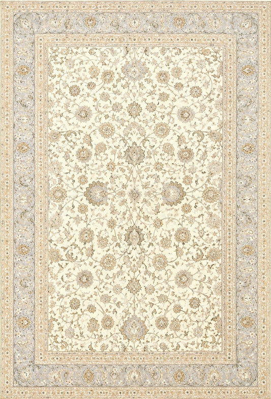 An ornate rectangular area rug with a traditional floral and medallion pattern, featuring a cream center field and a detailed beige and gray border.