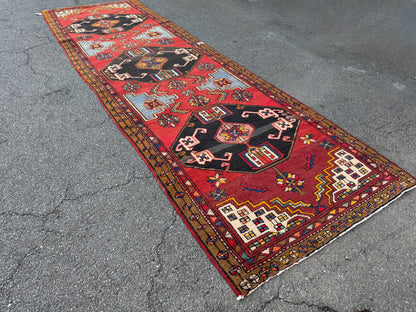 3’11”x13’2” Vintage Hand-Knotted Wool Hamadan Runner