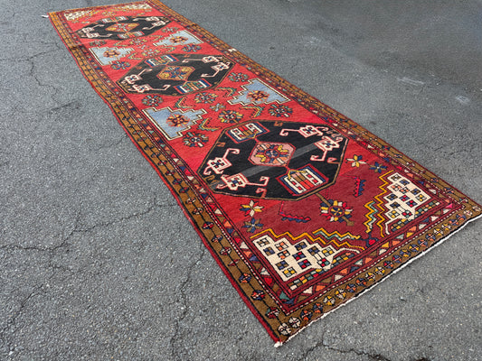 3’11”x13’2” Vintage Hand-Knotted Wool Hamadan Runner