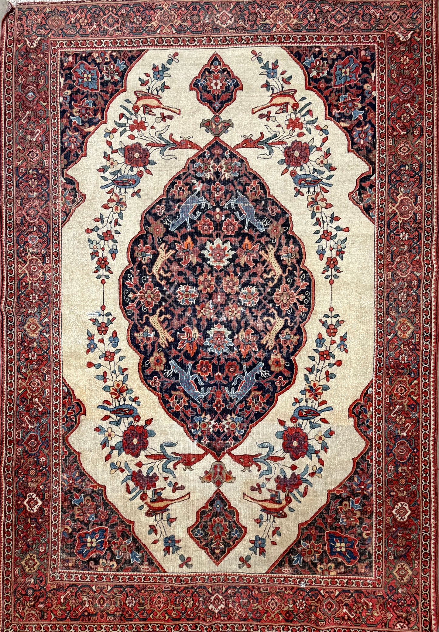 4’3”x6’5” Antique Hand-knotted Wool Kashan Persian Rug 4x6 Animal Handmade Carpet