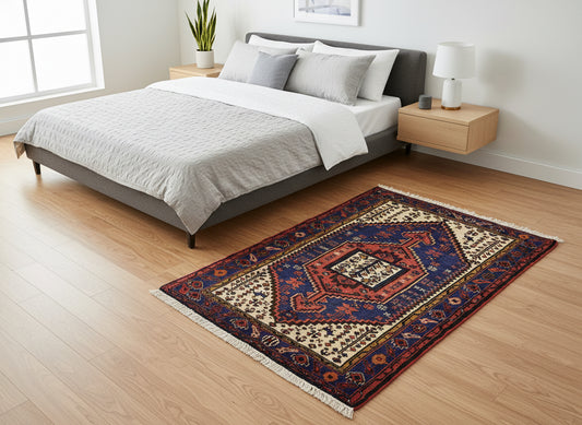 3’4”x5’ Hand-Knotted Wool Hamadan Persian Rug 3x5 Blue Handmade Carpet