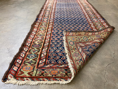 3’x13’9” Antique Hand-Knotted Wool Malayer Persian Runner 3x13 Handmade Blue Green Carpet