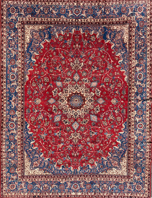 13’9”x18’2” Antique Hand-Knotted Very Fine Wool Persian Isfahan Area Rug