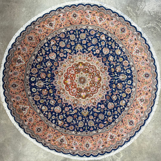 9’6” Diameter Very Fine Hand-Knotted Wool & Silk Round Tabriz Persian Rug - 9x9 Handmade Carpet