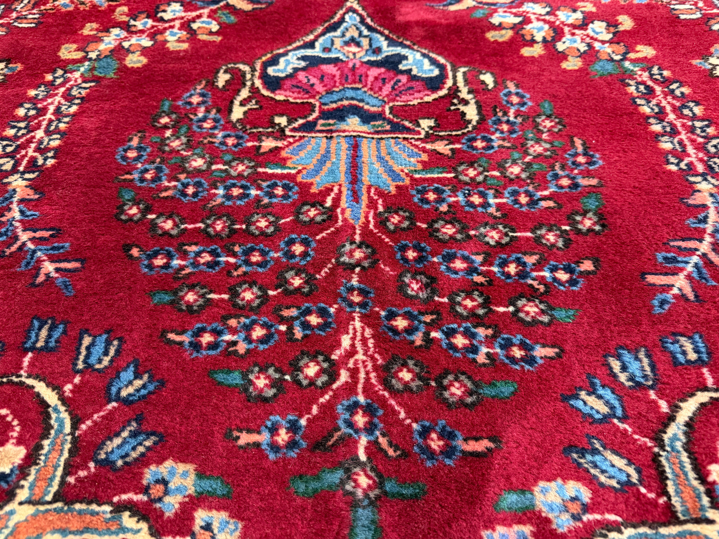 9’7”x12’6” Vintage Hand-Knotted Wool Sarouk Persian Rug 9x12 Red Handmade Carpet