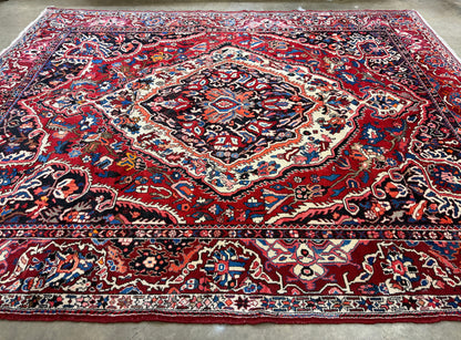10’1”x12’3” Vintage Hand-Knotted Wool Bakhtiari Persian Rug 10x12 Red Handmade Carpet