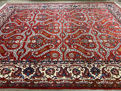10’2”x14’2” Very Fine Vintage Hand-Knotted Wool Isfahan Persian Rug 10x14 Red All-Over Handmade Carpet