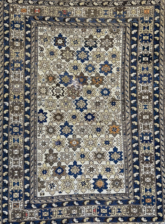 3'9"x5' Antique Hand-knotted Wool Caucasian Area Rug - Handmade 4x5 Carpet