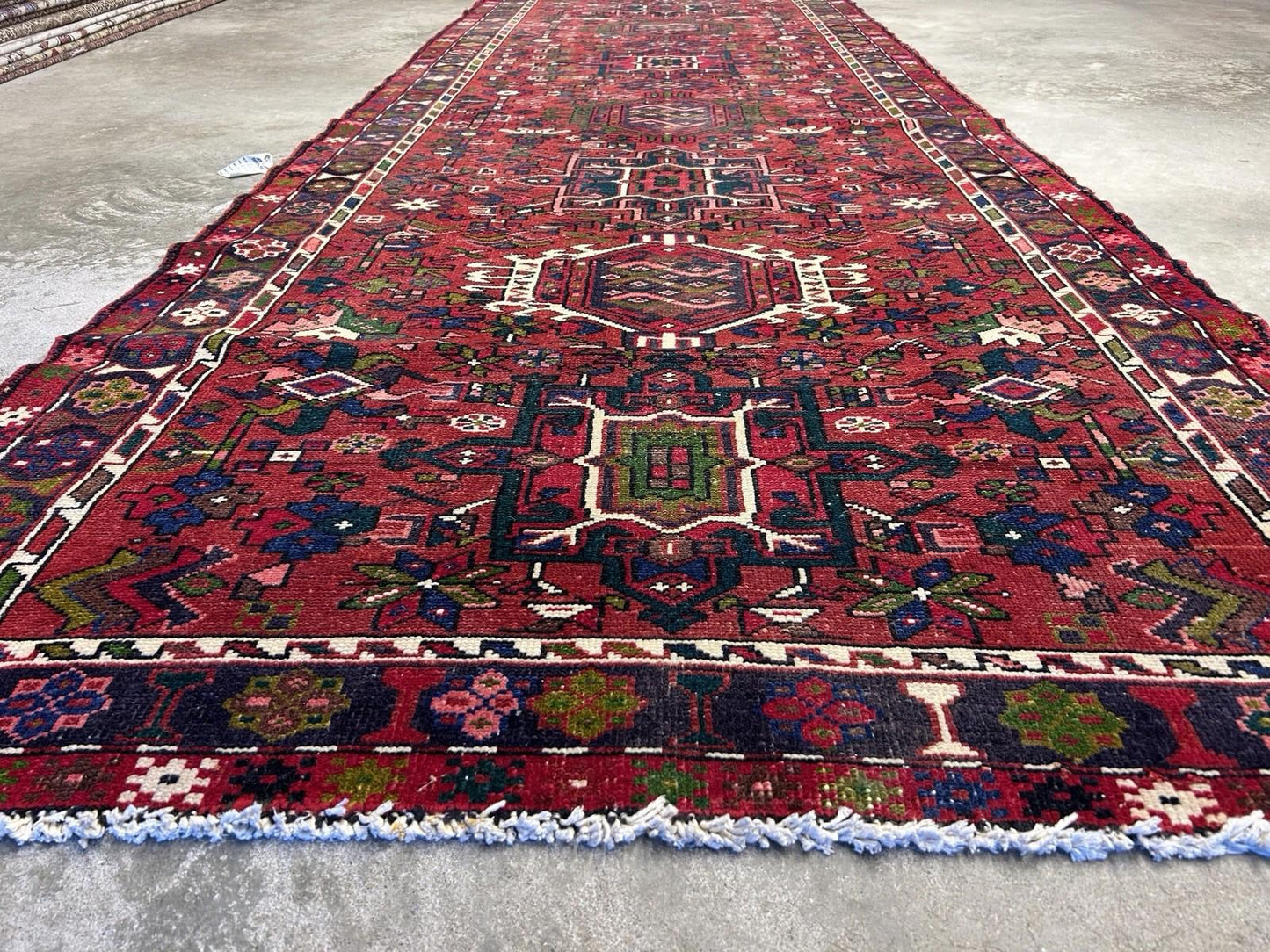 4’3”x14’1” Antique Hand-knotted Wool Herize Runner Rug - Handmade Red 4x14