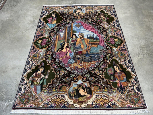 5’7”x7’10” Hand-knotted Fine Wool & Silk Pictorial Tabrize Area Rug - Handmade