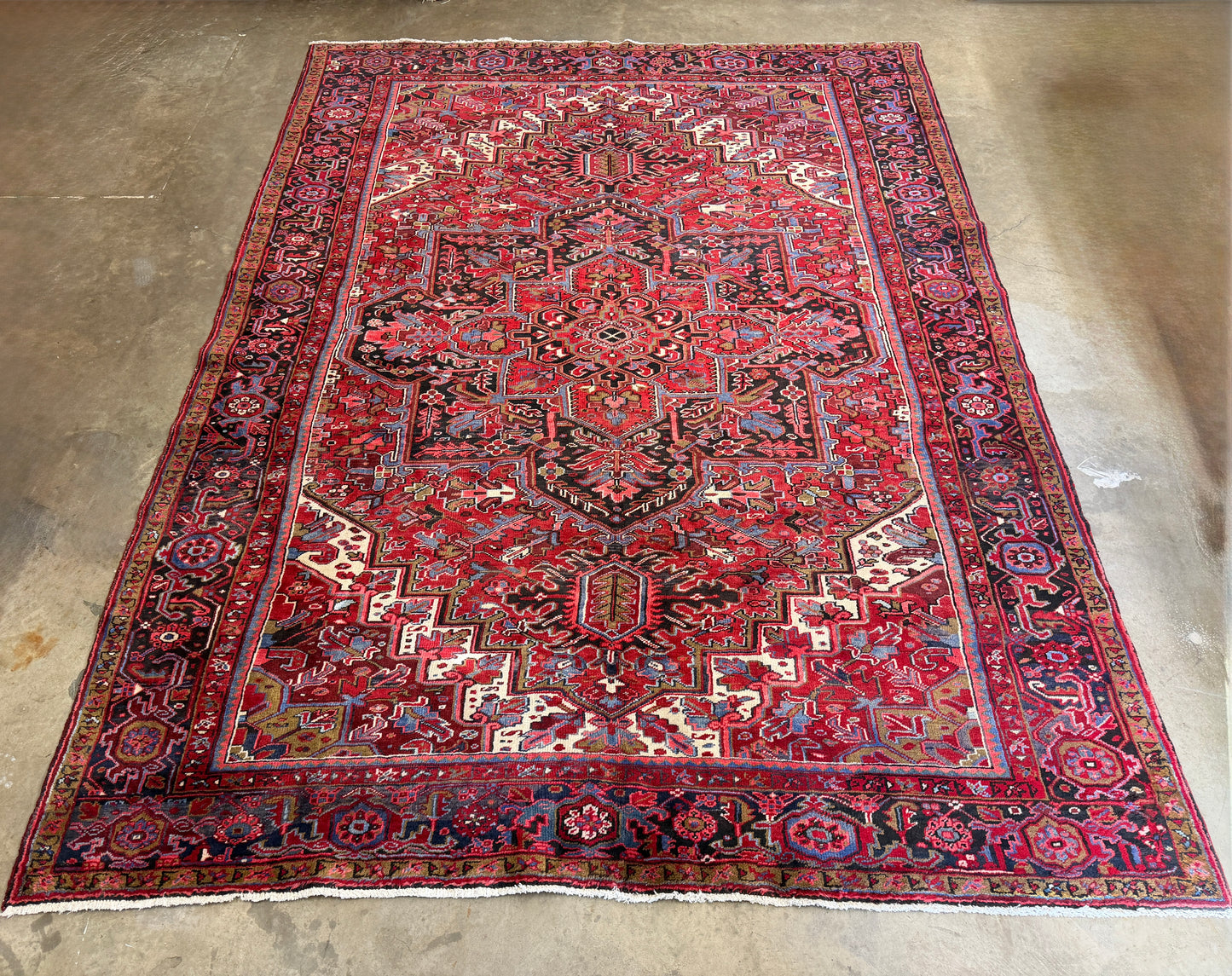 9’7”x13’ Vintage Hand-Knotted Wool Heriz Persian Rug 9x13 Red Handmade Carpet