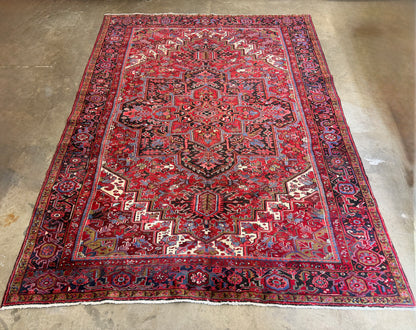 9’7”x13’ Vintage Hand-Knotted Wool Heriz Persian Rug 9x13 Red Handmade Carpet