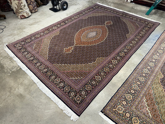 6'7"x9'9" Fine Hand-Knotted Wool & Silk Tabriz Mahi Persian Rug - 6x9 Handmade Carpet