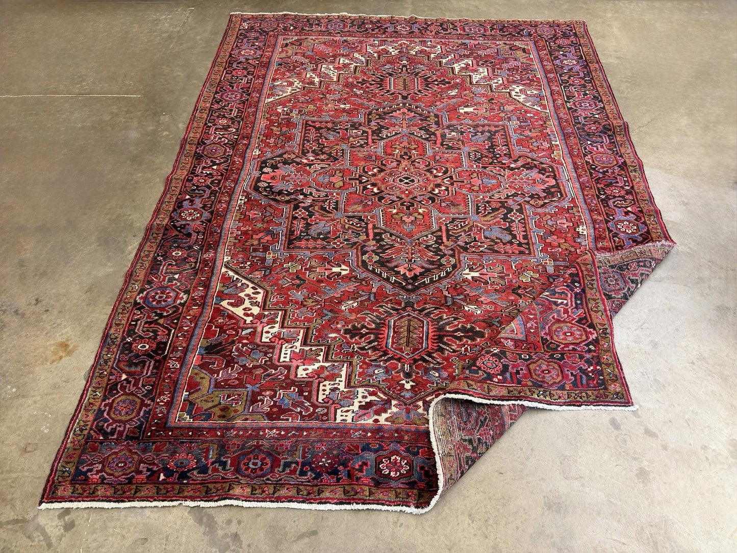9'7"x13' Vintage Hand-Knotted Herize Rug Antique Handmade Red Oriental Geometric