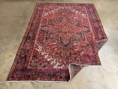 9'7"x13' Vintage Hand-Knotted Herize Rug Antique Handmade Red Oriental Geometric