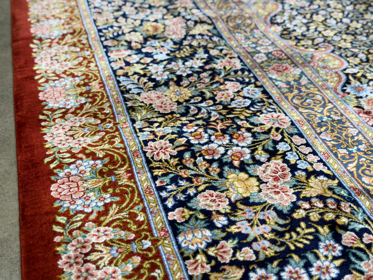 (On Hold for LH) Luxurious Hand-Knotted 100% Silk Persian Qum Rug - Signed Naimi - 6'5"x9'10"