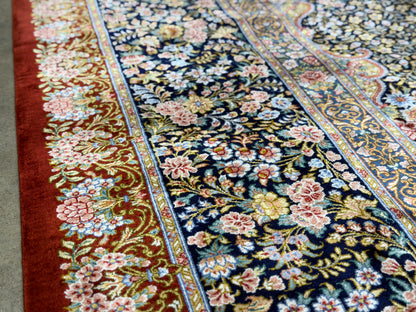 (On Hold for LH) Luxurious Hand-Knotted 100% Silk Persian Qum Rug - Signed Naimi - 6'5"x9'10"