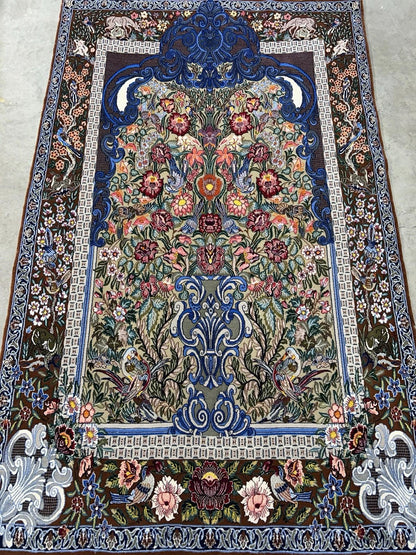 3’9”x5’11” Hand-Knotted Fine Wool & Silk Isfahane Pictorial Area Rug - Carpet