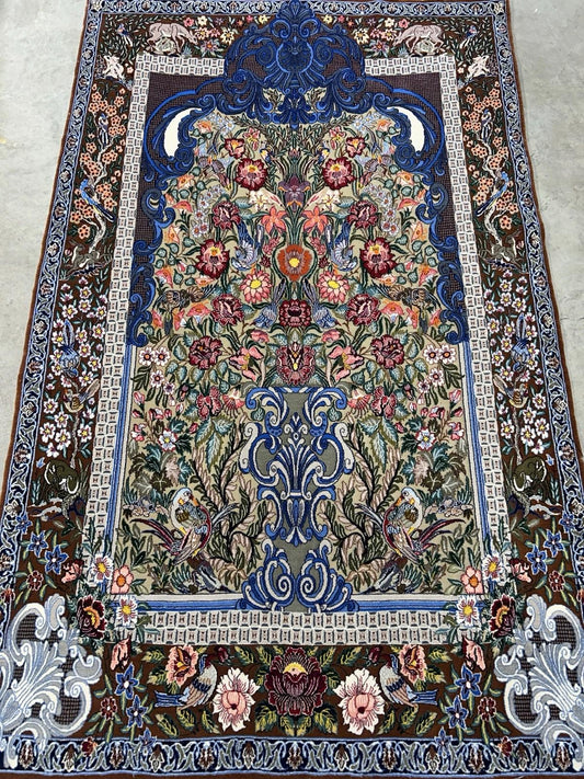3’9”x5’11” Hand-Knotted Fine Wool & Silk Isfahane Pictorial Area Rug - Carpet