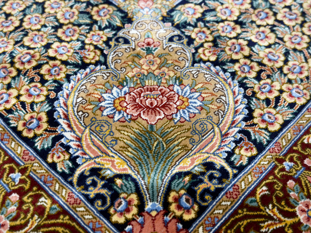 (On Hold for LH) Luxurious Hand-Knotted 100% Silk Persian Qum Rug - Signed Naimi - 6'5"x9'10"