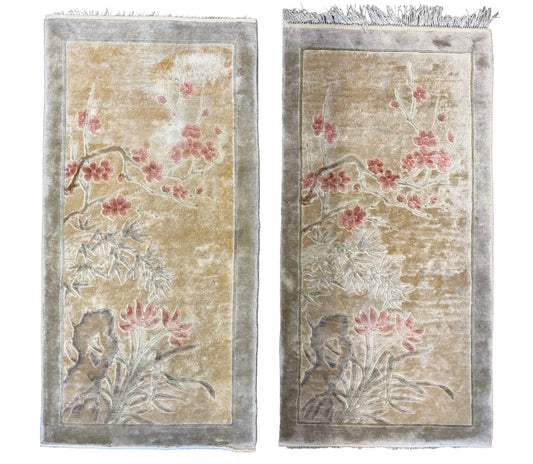 Pair of Antique Hand-Knotted 100% Silk Art Deco Rugs - 2’x4’