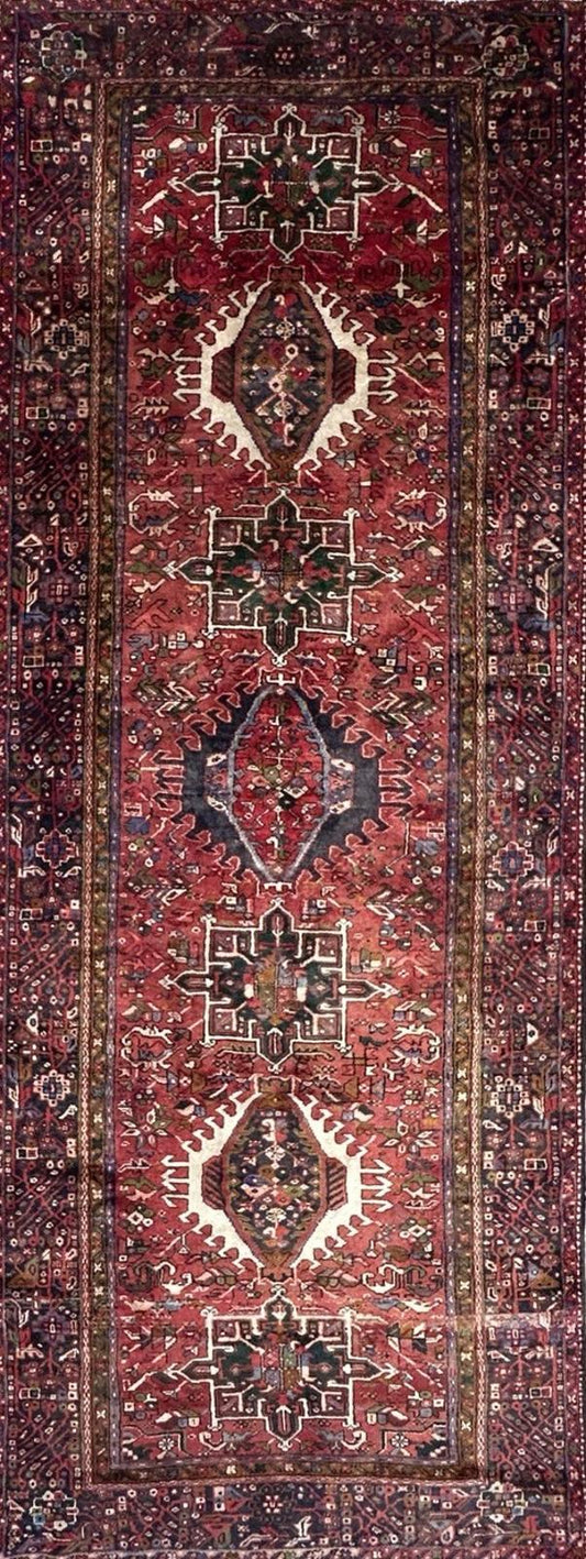 5’x12’10” Antique Hand-knotted Wool Heriz Runner Rug - Handmade Red