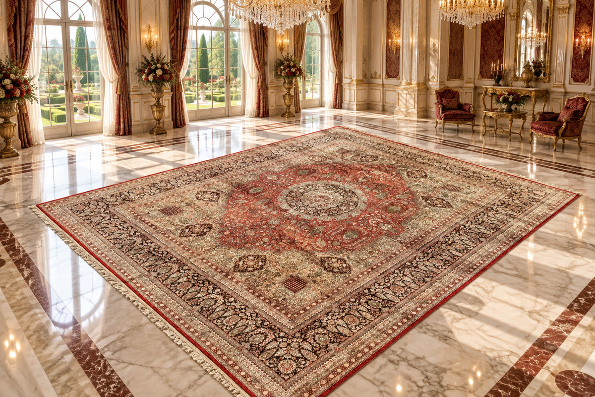 Antique Hand-Knotted 100% Kashmiri Silk Rug - 9’4”x12’