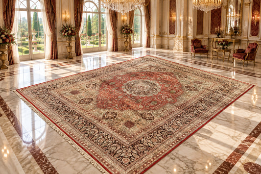 Antique Hand-Knotted 100% Kashmiri Silk Rug - 9’4”x12’
