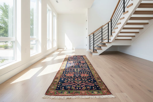 3’9”x11’8” Antique Hand-Knotted Wool Kurdish Persian Runner Handmade Green Blue Carpet