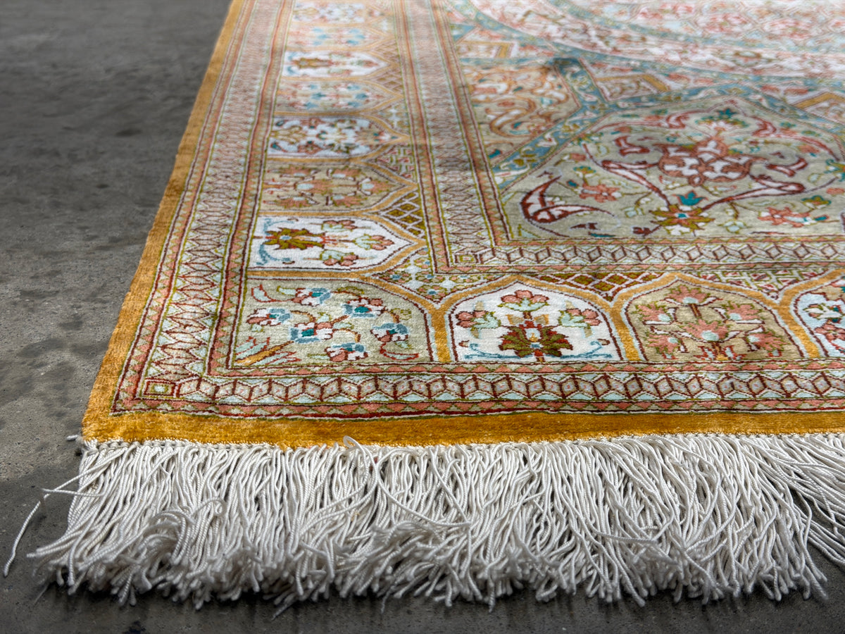 Hand-Knotted Silk Persian Qum Rug - Signed Vesal - 3’3”x4’11”
