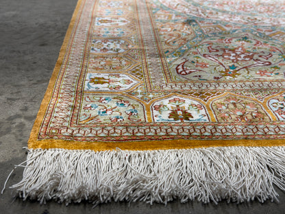Hand-Knotted Silk Persian Qum Rug - Signed Vesal - 3’3”x4’11”