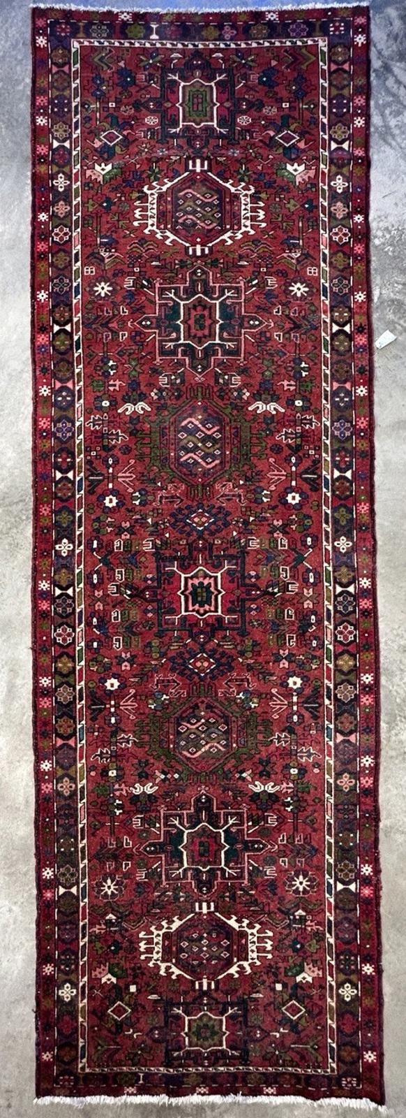 4’3”x14’1” Antique Hand-knotted Wool Herize Runner Rug - Handmade Red 4x14