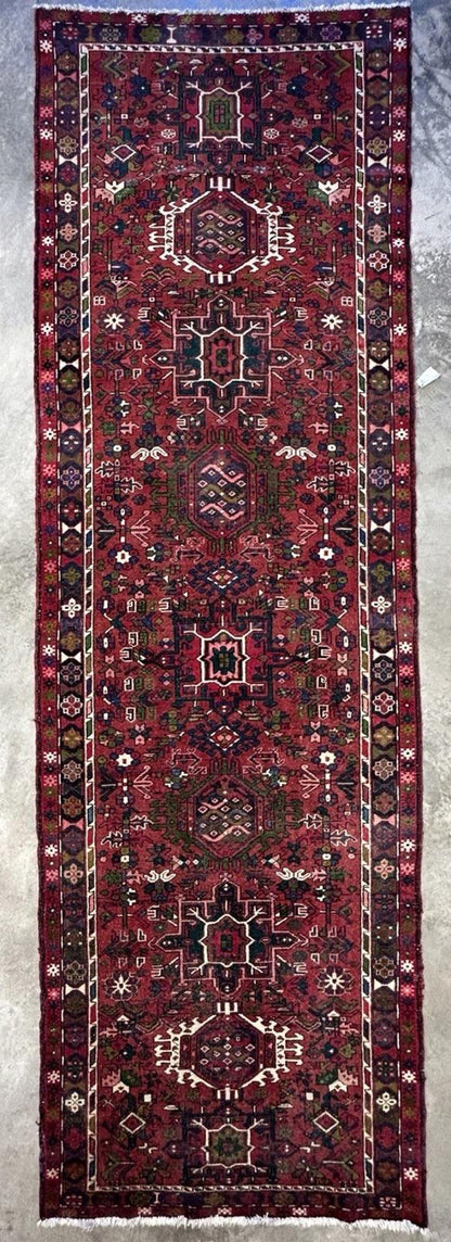 4’3”x14’1” Antique Hand-knotted Wool Herize Runner Rug - Handmade Red 4x14