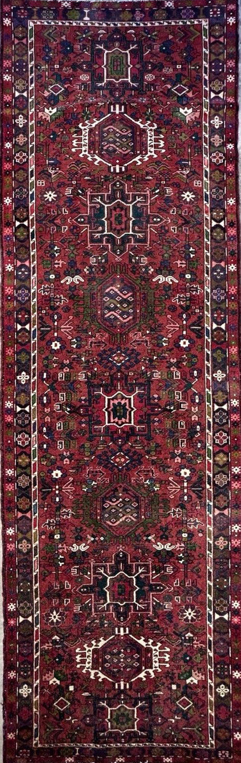 4’3”x14’1” Antique Hand-knotted Wool Herize Runner Rug - Handmade Red
