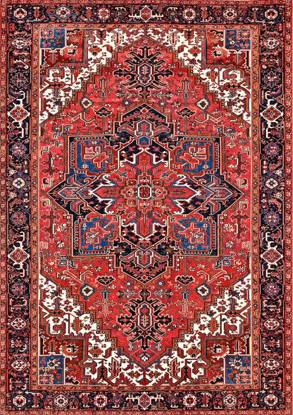 A traditional Persian Heriz rug with a red field, navy blue, beige, and cream patterns, and a decorative border.