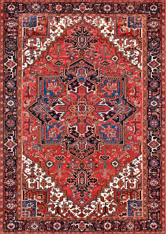 A traditional Persian Heriz rug with a red field, navy blue, beige, and cream patterns, and a decorative border.