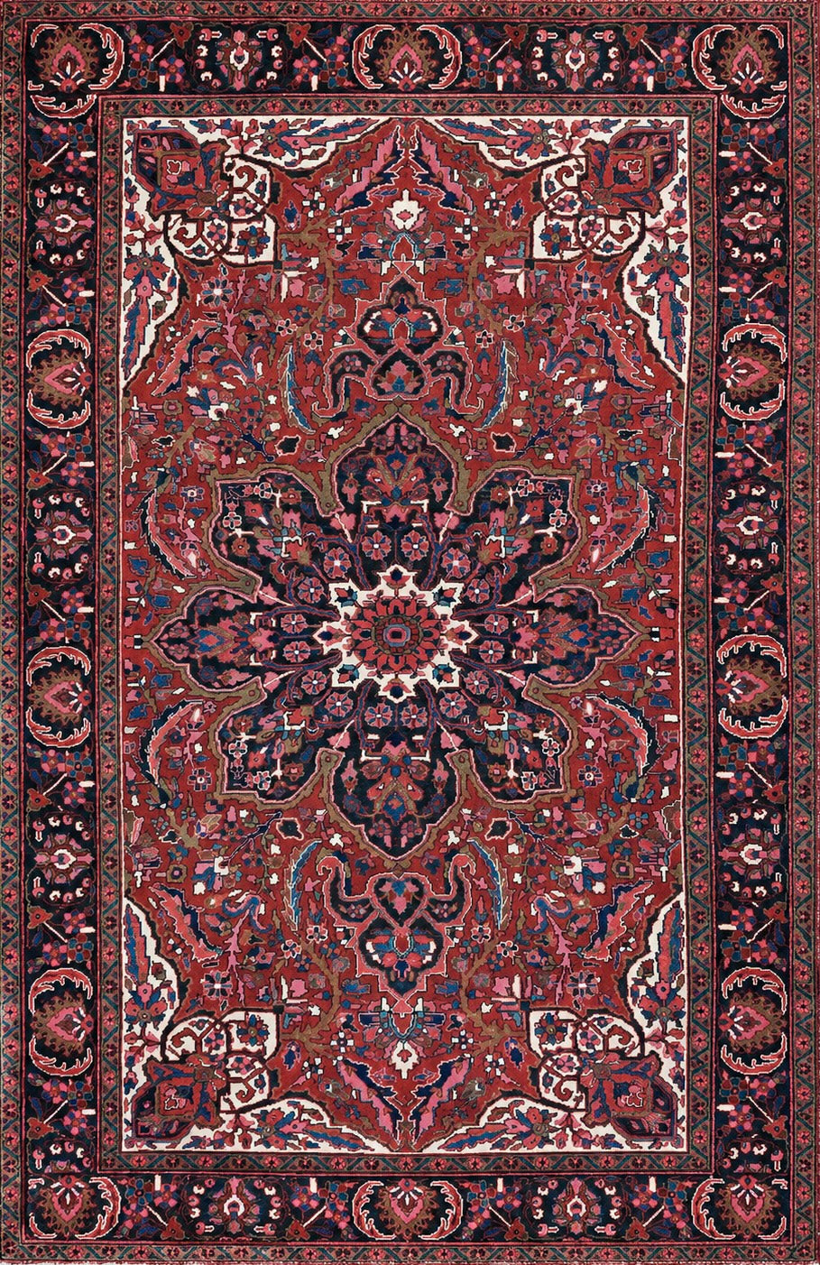 A traditional Persian-style Heriz Ahar area rug with an intricate floral and geometric pattern, featuring a dominant deep red field, a central medallion, and a dark navy blue border.