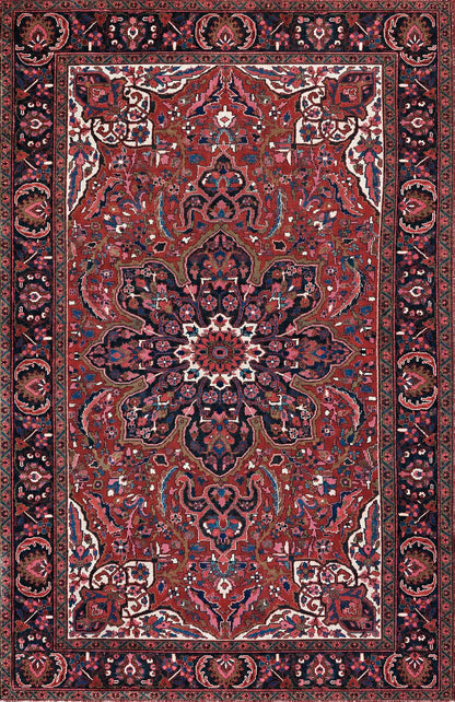 A traditional Persian-style Heriz Ahar area rug with an intricate floral and geometric pattern, featuring a dominant deep red field, a central medallion, and a dark navy blue border.