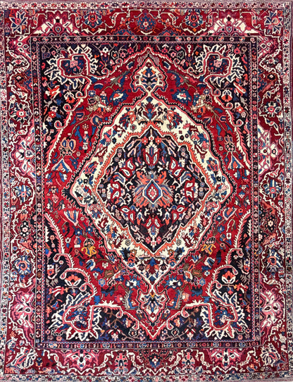 10’1”x12’3” Vintage Hand-Knotted Wool Bakhtiari Persian Rug 10x12 Red Handmade Carpet