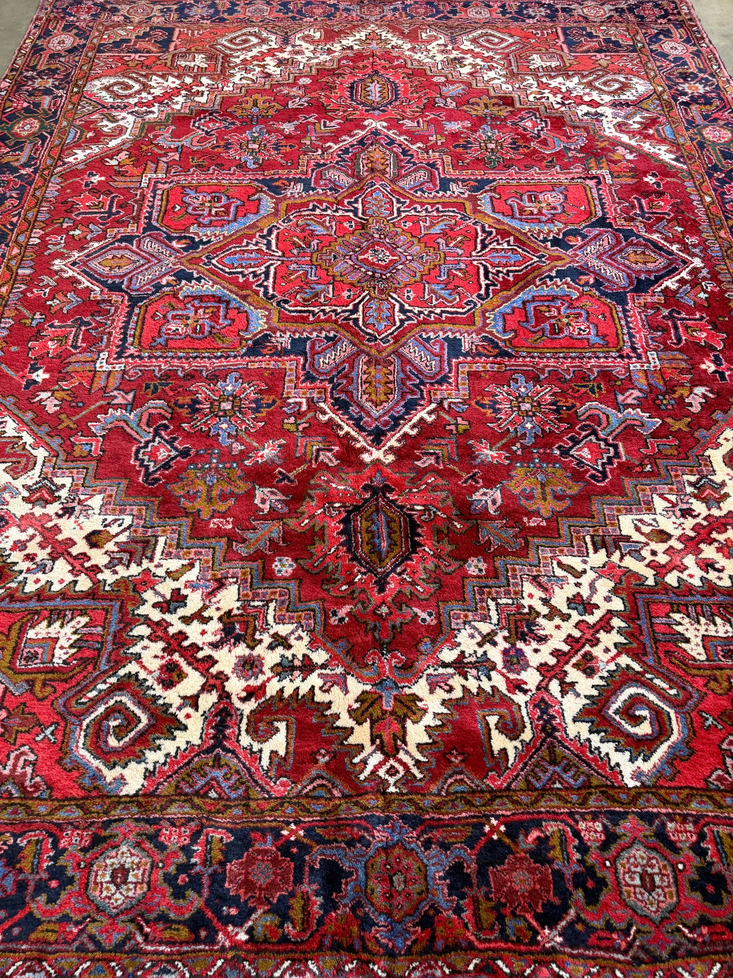 9’4”x11’8” Vintage Hand-Knotted Wool Heriz Persian Rug 9x11 Red Handmade Carpet