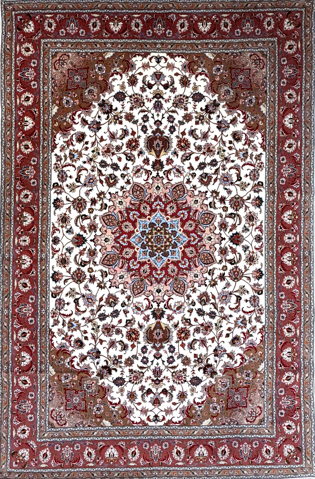 Hand-Knotted 60 Raj Persian Tabriz Rug, 6′7″x10′1″, with red border, floral motifs, and blue medallion.