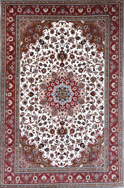 Hand-Knotted 60 Raj Persian Tabriz Rug, 6′7″x10′1″, with red border, floral motifs, and blue medallion.