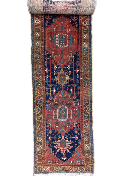 Hand-Knotted Antique Heriz Runner - 3’3”x17’9”