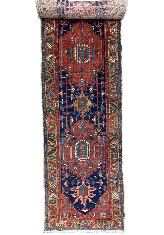 Hand-Knotted Antique Heriz Runner - 3’3”x17’9”
